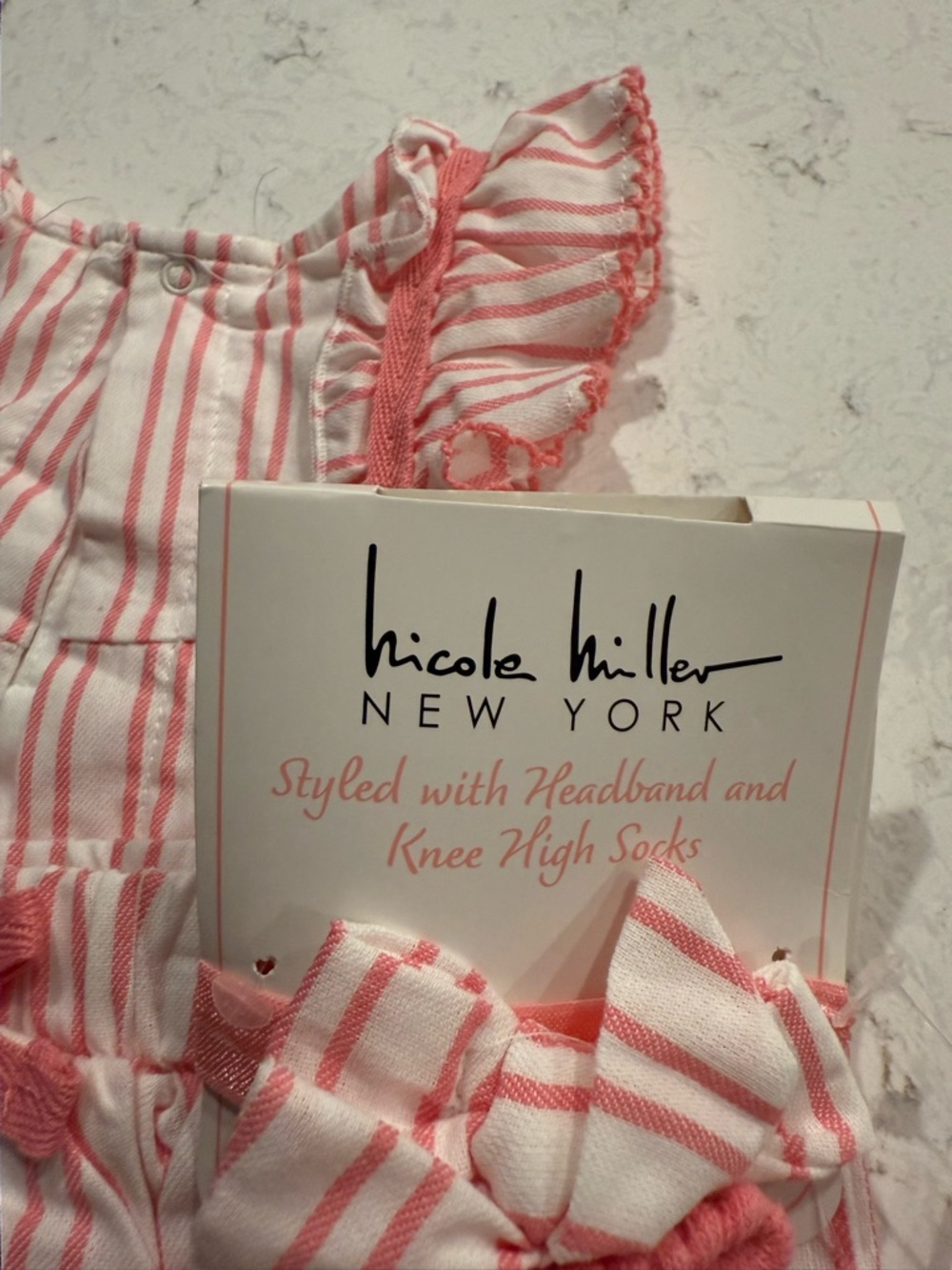 Nicole Miller New York Baby Stripe Romper Set in Coral Pink and White - Picture 6 of 6